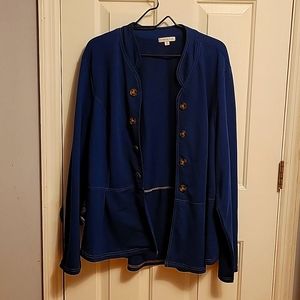 Blue Open Front Peplum Blazer with Tortoise Shell Buttons